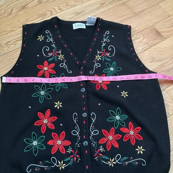 Vintage Tabi Sweater Vest Womens L Black Floral Beaded Christmas Holiday Granny - Picture 6 of 8